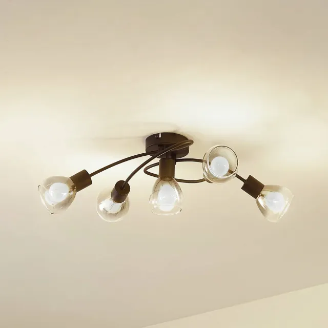Lindby plafondlamp - 5lichts - Glas, ijzer - H: 18 cm - E14 - rookgrijs, mat zwart