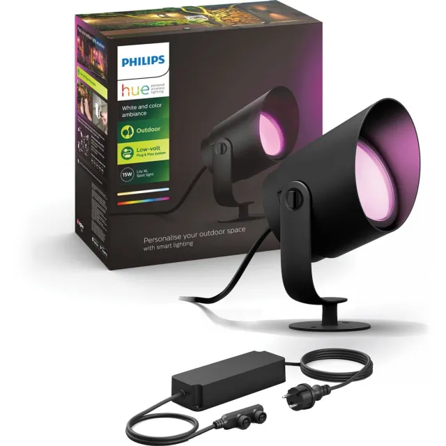 Philips Hue Lily XL Basisset van 1 Tuinspot (Antraciet) - Wit en Gekleurd Licht - Incl. 1 Voedingskabel - Tuinverlichting - Hue White and Color Ambiance Zwart