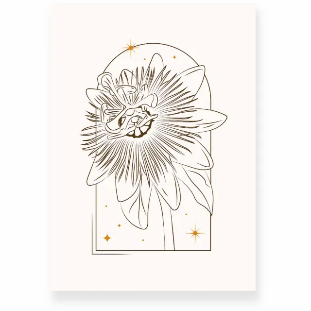 Yisual Poster 50x70 cm - Passiebloem - Lijntekening - Goud - Beige - Minimalistisch - Botanisch - Muurdecoratie - Wanddecoratie