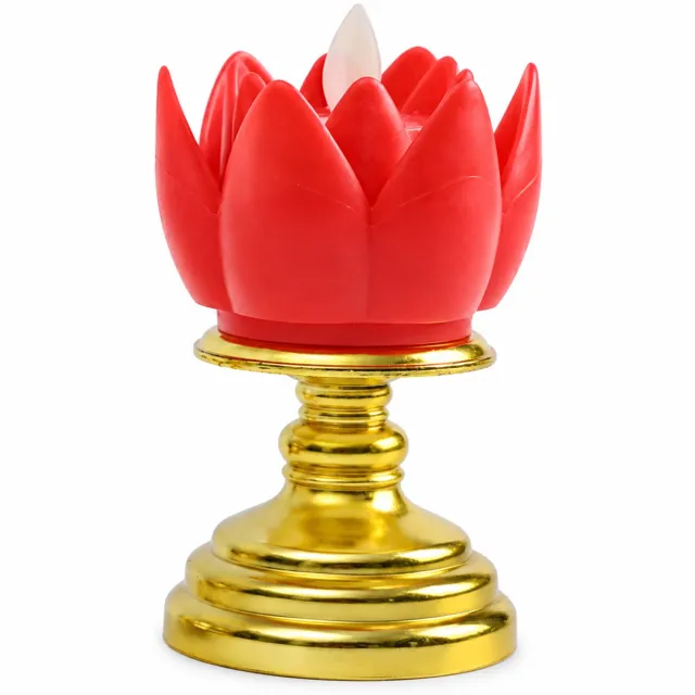SWGOTA led kaarsen - rode lotuslamp met vlamvormig element en goudkleurige voet, van PP, voor een boeddhistisch altaar Rood