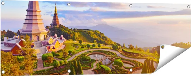 Gards Tuinposter Pagode Tempels in de Inthanon Berg in Thailand - 120x40 cm - Tuindoek - Tuindecoratie - Wanddecoratie buiten - Tuinschilderij Multikleur