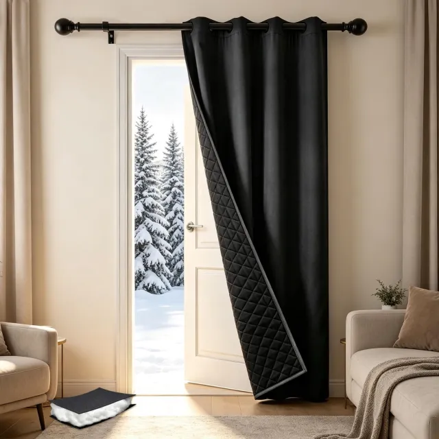 Famanu Thermogordijn voor koudebescherming, deurgordijn van 405 g/m², warmte-isolatie en volledige verduistering, ideaal voor slaapkamers en woonkamers met energiebesparende eigenschappen Zwart