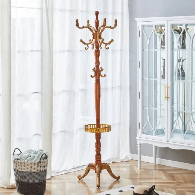 MIVRAY Kapstok Staand – Meerdere Haken – 195 x 48 x 31 cm – Massief Hout en Metaal – Houtkleur – Hal en Slaapkamer