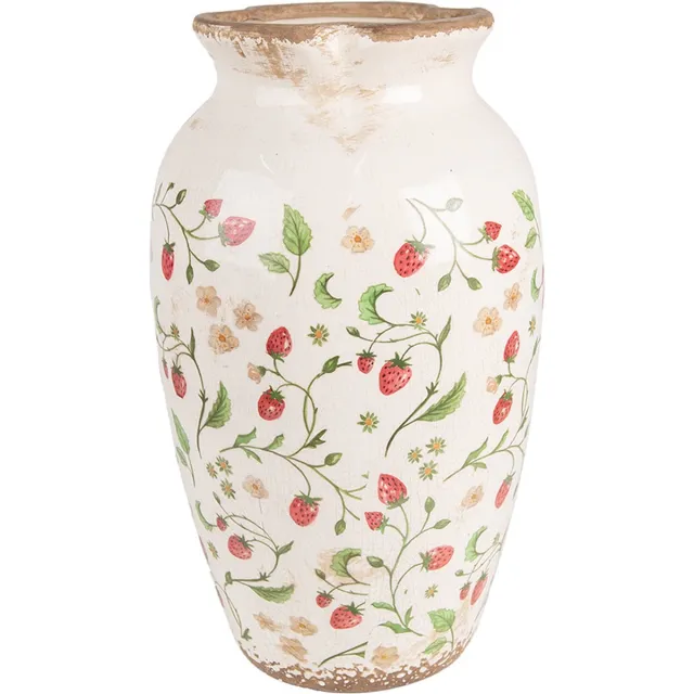 Clayre & Eef Vaas Ø 21x37 cm Beige Rood Keramiek Aardbeien