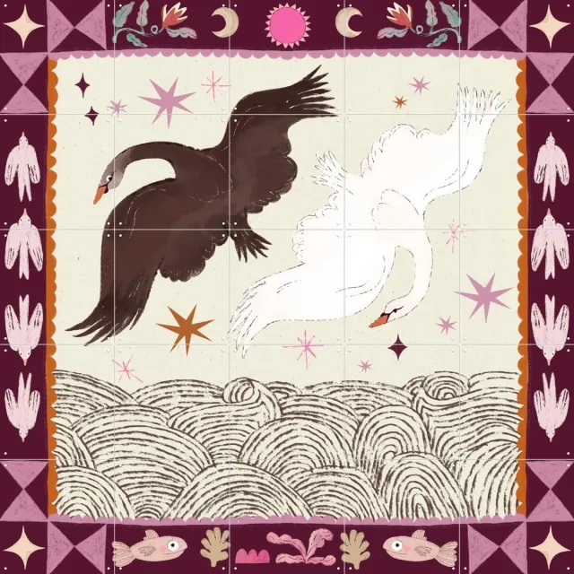 IXXI Swans, Lena Addink - 100 x 100 cm - Grote wanddecoratie en posters - Grafisch Ontwerp, Kleurrijk, Fantasierijk, Minimalisme, Speels Beige / Roze