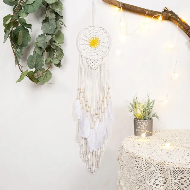 YAZA Handgemaakte Dromenvanger | Dreamcatcher | Macramé | Veren | 16cm bij cm87 | Hoogwaardige Kwaliteit wit