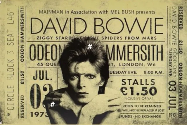 David Bowie Concert Ticket Metalen Wandbord, Maat:30x20 cm - Man Cave Wandbord - Wandbord mancave - Kroeg decoratie - Tekstbord - Metalen wandbord - Metalen wanddecoratie beige
