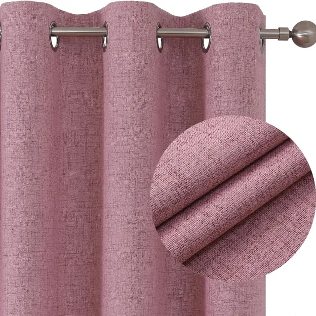 PolkaHome 100% verduisteringsgordijn, 2 stuks, linnen, thermisch gordijn, isolerend, hittebescherming, gestructureerd, ondoorzichtig, met oogjes, isolatie, uv-bescherming, decoratie voor slaapkamer Roze