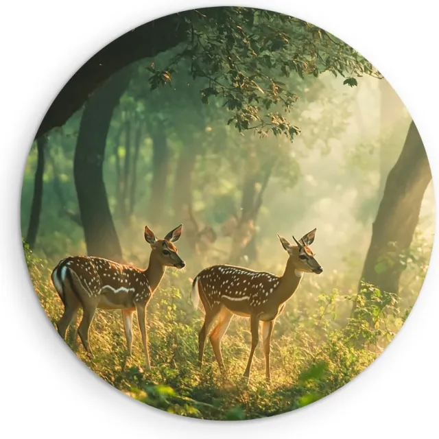 Saammp Muurcirkel Hout - 2 Hertjes in het bos - Landschap - Natuur - Ø 60 - Wandcirkel - Wanddecoratie Cirkel - Muurdecoratie Woonkamer - Slaapkamer decoratie - Rond Schilderij