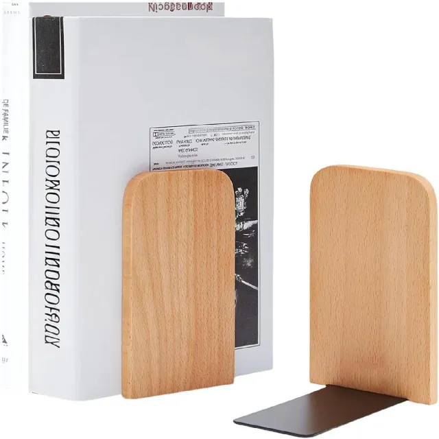 GelldG 2-delige houten boekensteunen - Boekpers - 17 x 12 x 10,5 cm - Antislip onderkant - Decoratieve cd-houder - Geschikt voor scholen, kantoren en bibliotheken - Natuurlijke houtkleur
