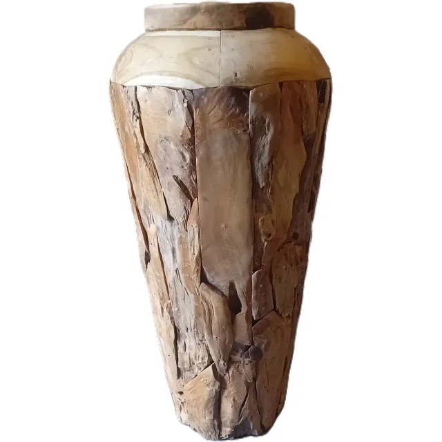 koloniaal teakhuis Teakhouten Vaas-Decoratievaas-Hergebruikt teak-model groot 80cm lichtbruin