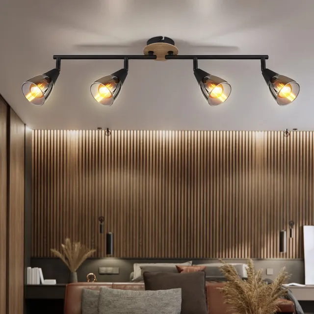 Globo Plafondlamp Woonkamerlamp Eetkamerlamp Slaapkamerlamp, metaal zwart hout bruin glas rookkleurig, 4 vlammen Spots beweegbaar E14, L 60 cm