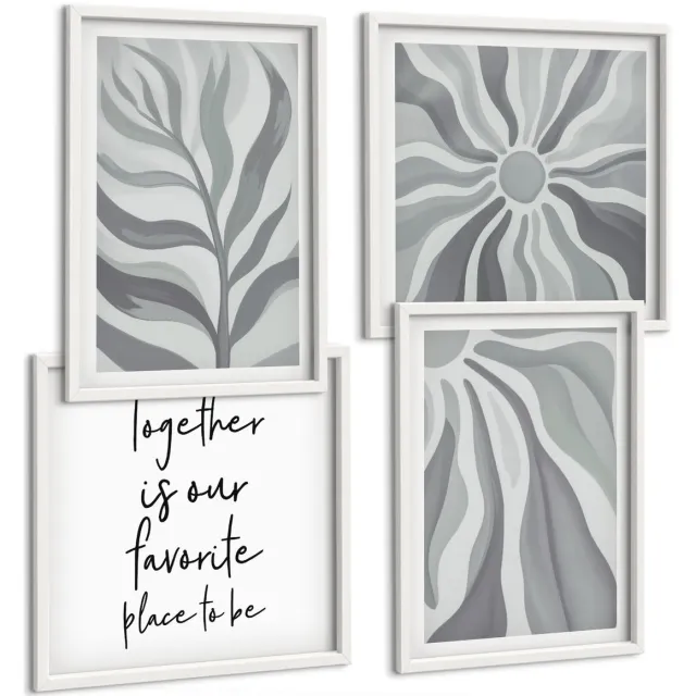 Coloray 4-Delige Schilderij Set - Bloemenpatronen In Pasteltinten, Illustraties En Belettering. - 40 x 40 En 40 x 60 - Wanddecoratie - Muurdecoratie - Woonkamer Witte lijst