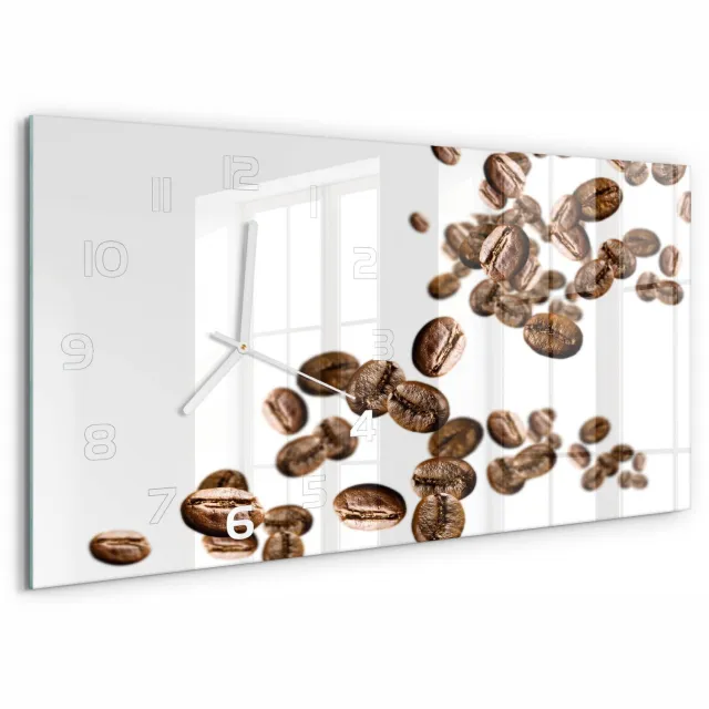TULUP Wandklok - Koffiebonen Decoratieve Glazen Klok - 60x30 cm - Bruin Glazen Wandklok Design - Witte handen - Rechthoekige Klok - Glazen Klok Met Print - Wandklok Glas Met Motief
