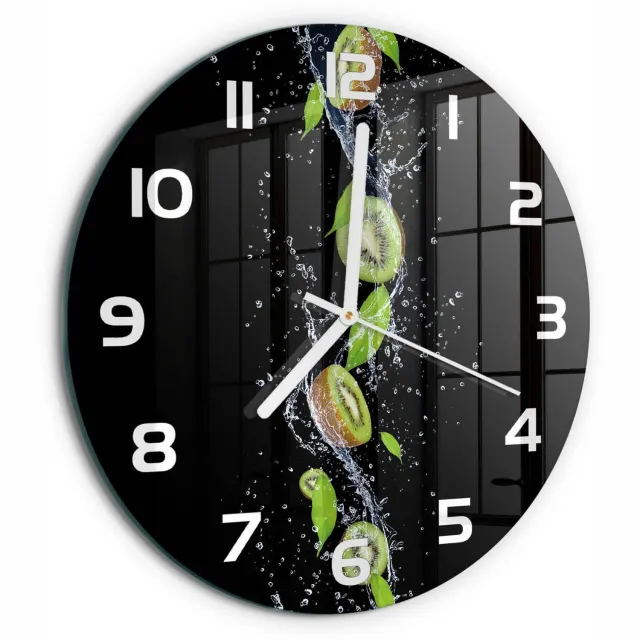 TULUP Wandklok - Kiwi en water Glazen Klok Met Print - fi30 cm - Groente Wandklok Glas Met Motief - Witte handen - Ronde Klok - Wandklok Glas Decoratie - Gekleurde Glazen Klok