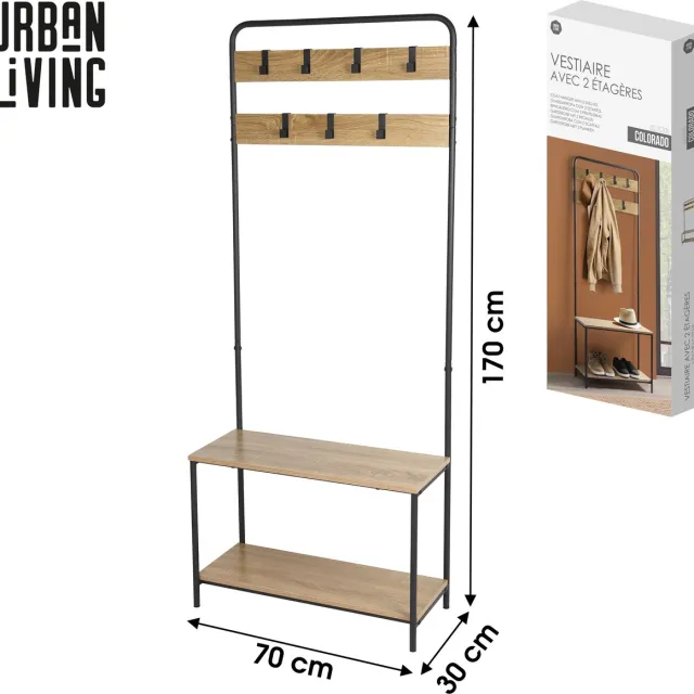 Urban Living COLORADO Garderobe met 2 legplanken en 7 kapstokken – 70 x 30 x H170 cm Zwart en houtdecor