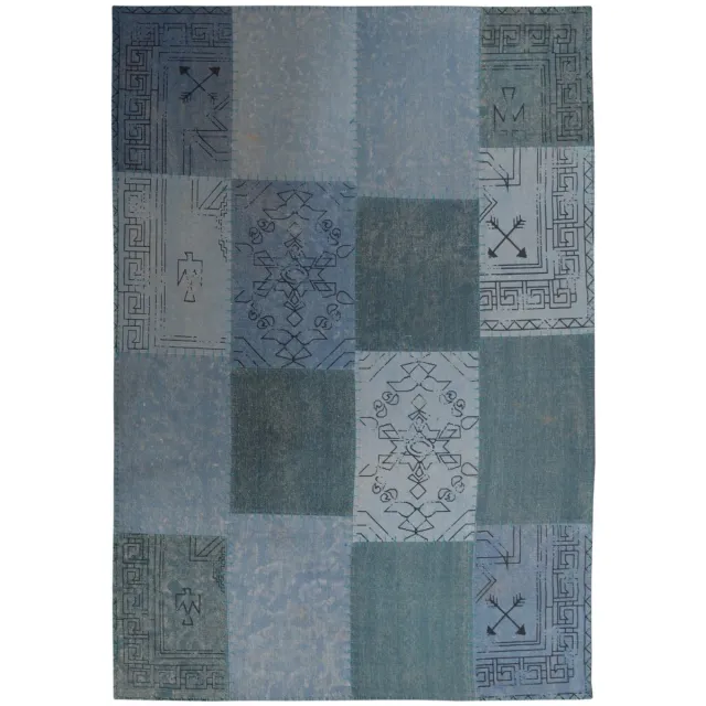 Padiro design laagpolig vloerkleed 120 x 170 cm - donkerblauw - patchworkontwerp - met grote rechthoekige vlakken en vintage-ornamenten - voor vloerverwarming - van katoen