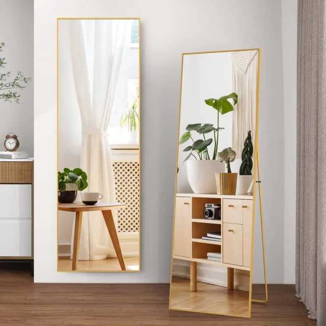 ROSAHQNDA Rechthoekige staande spiegel van 177 x 77 cm met frame van aluminiumlegering en explosiebestendig gehard glas, geschikt voor slaapkamer, woonkamer en kledingkast, goudkleurig Goud - 177x77 cm