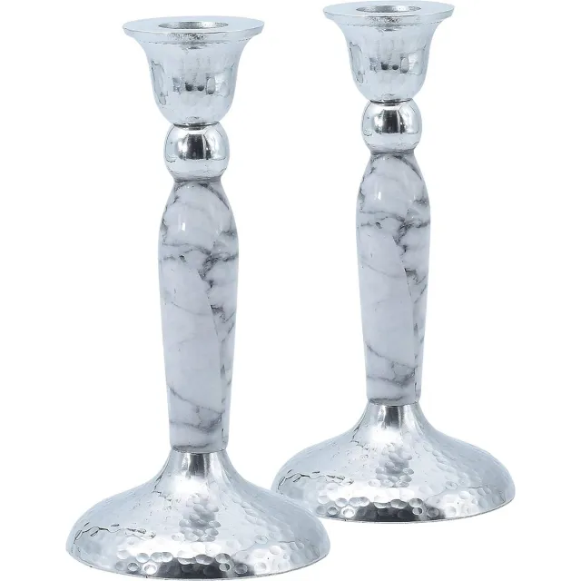 Ner Mitzveh Marbleized Candle Stick - White Marbleized White