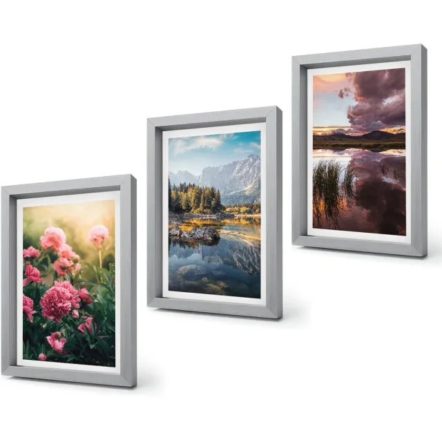 Coloray 4-Delige Schilderij Set - Bloemen in de tuin, bergen en een kalm wateroppervlak. - 20 x 30 cm - Moderne Wanddecoratie - Slaapkamer - Decoratieve Schilderijen Zilveren lijst