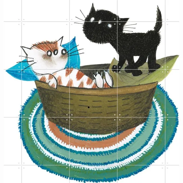 IXXI Pim & Pom in hun mandje, Fiep Westendorp - 100 x 100 cm - Grote wanddecoratie en posters - Speels, Fantasierijk, Illustraties, Cartoonesk Zwart