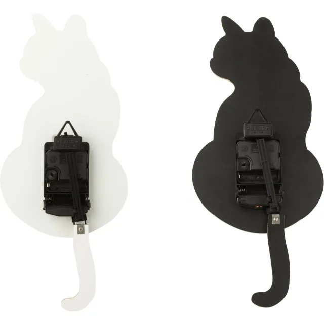 J-Line klok Kat - hout - wit/zwart - 2 stuks Wit - Zwart