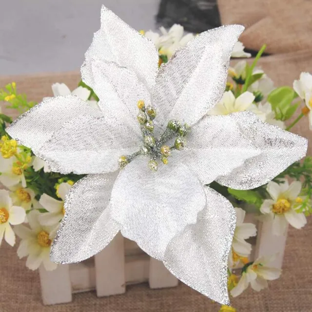 Gotrays 10 stuks 15cm glitter kerst kunstbloem decoratie - Home Decor binnen / buiten kunstbloem - rood en wit kunstbloem kerstboom decoratie - kerstdecoratie (Zilver)