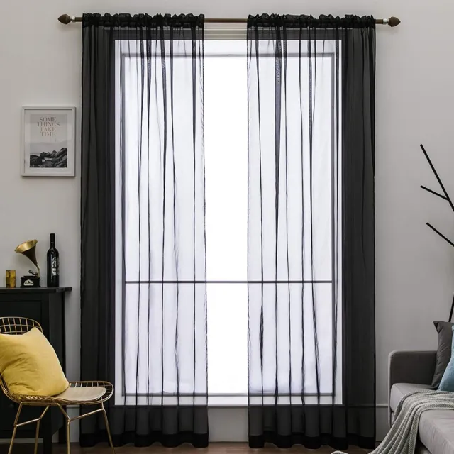 Ibenzoa Transparante Decoratieve Voilegordijnen Set met Lussen voor Slaapkamer en Woonkamer zwart