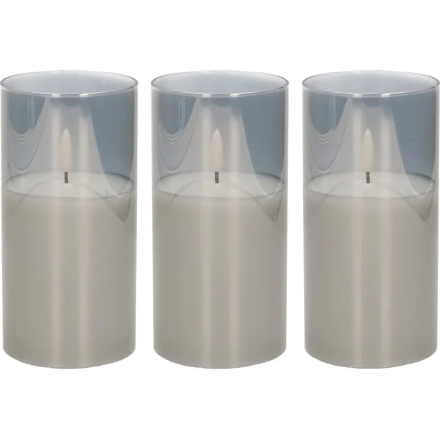 Cepewa 3x stuks luxe led kaarsen in grijs glas D7,5 x H15 cm - met timer - Woondecoratie - Elektrische kaarsen