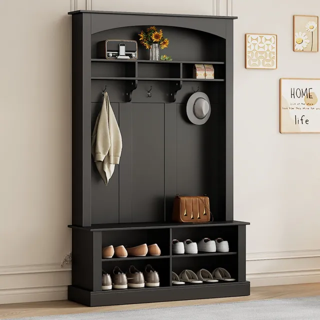 BLACKCOLORS Garderobeset met bank en schoenenrek, multifunctionele opbergbank met 3 hangende haken en open opbergruimte, rechthoekige opbergruimte en planken, garderobe voor de gang, zwart, H190/L120/P40 cm