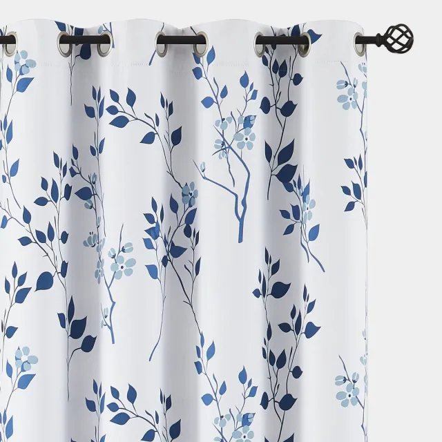 Ibenzoa Elegant Marineblauw Botanisch Bloemenpatroon Verduisteringsgordijnen voor Woonkamer en Slaapkamer - Set van 2 Stuks marineblauw/grijs