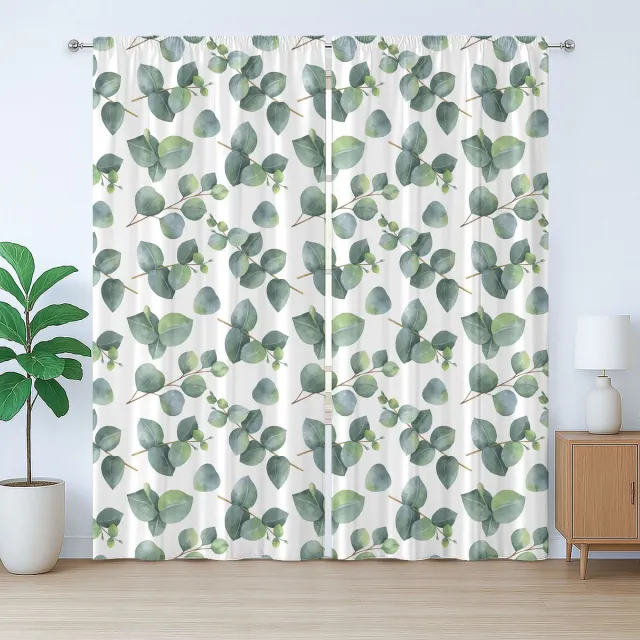 ABAKUHAUS Rustiek bladgordijn, aquarel eucalyptuskunst, met lussen en haken voor de woonkamer, 280 x 245 cm, groen, lichtbruin, wit