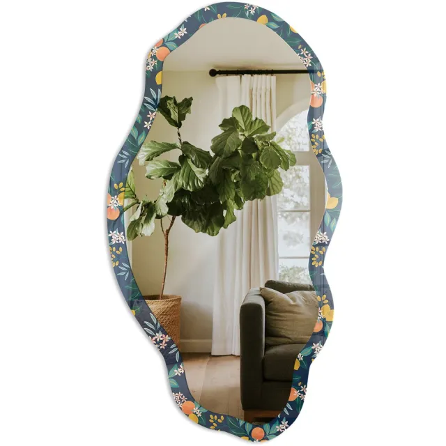 TULUP Oranje Bladeren Spiegel - Marine Stijlvolle Wandspiegel - Organische Spiegel - Woonkamer, Keuken, Kantoor - Illustratief - 45x90 cm - Totale afmeting 52x97 cm Oranje Bladeren, Marineblauw