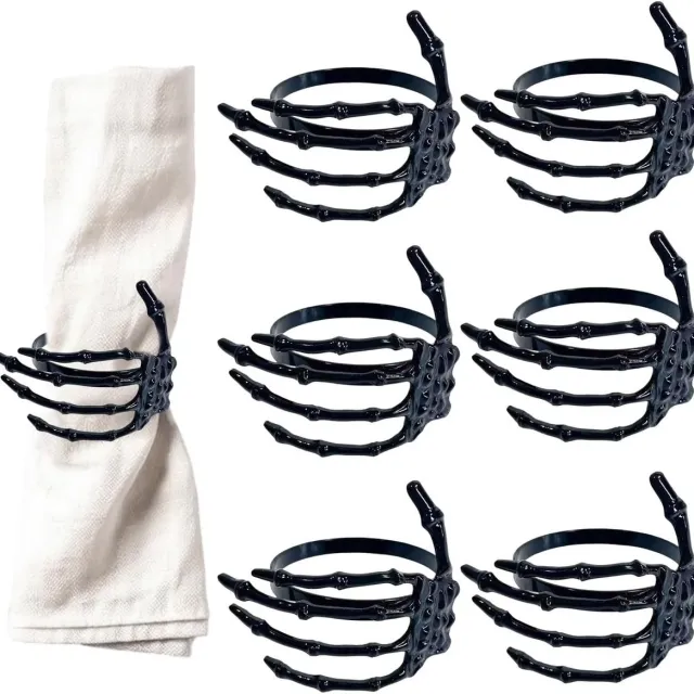 HisKes 6 Pcs zwarte servetringen in skelet‑handvorm van metaal - Spookachtige Halloween tafeldecoratie voor thuis - restaurant en hotel