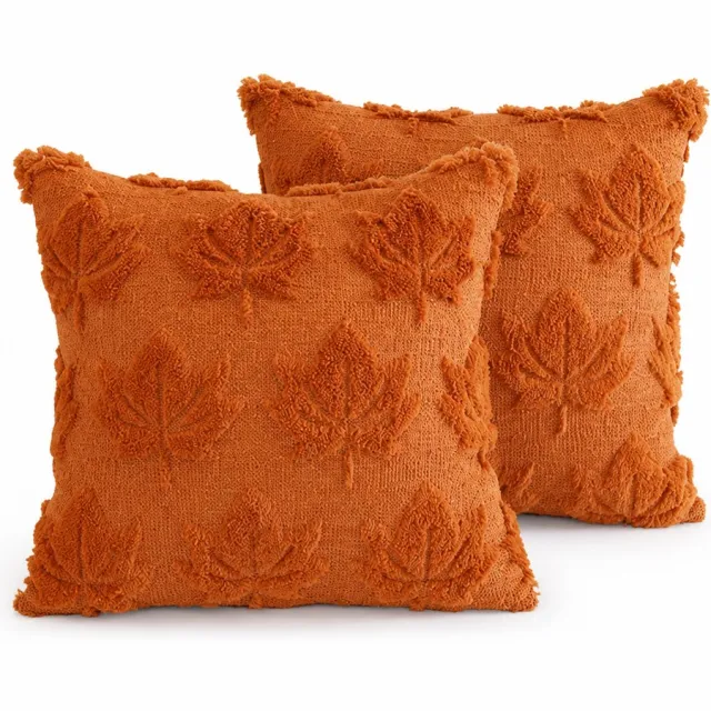 Bobypet Sierkussenhoes - 45x45 cm - 2 Stucks - Imitatiewol Kussenhoes met Herfstbladeren en Pompoen Motief - Voor Bank en Slaapkamer - Bruin
