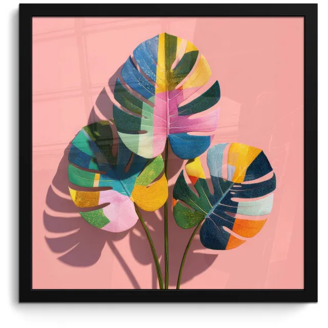 FrameYourWall Poster in lijst - Fotolijst 40x40 cm - Posters - Bladeren - Geschilderd - Vlakken - Kleurrijk - Posterlijst zwart - Decoratie - Wanddecoratie woonkamer - Muurdecoratie slaapkamer
