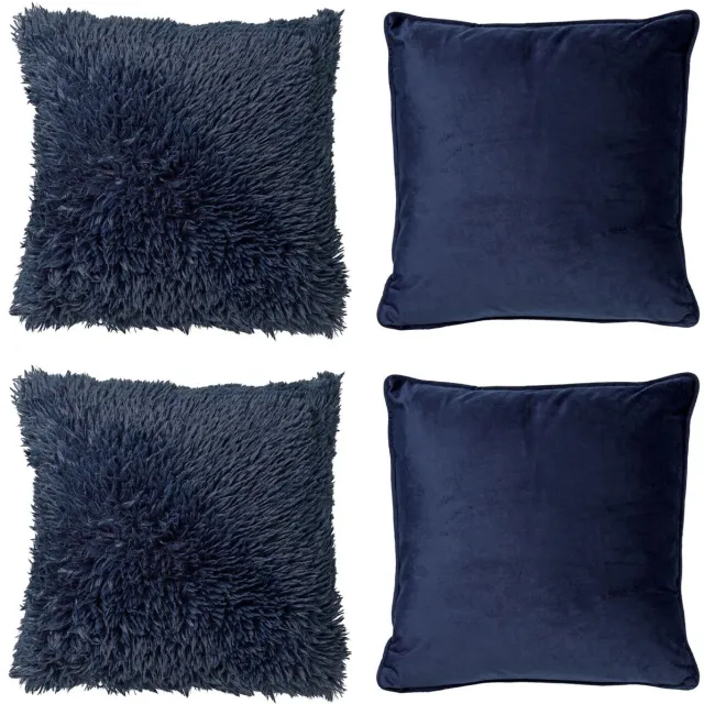 Dutch Decor KUSSENSET - 4-delig Fluffy & Velvet - 45x45 cm - inclusief binnenkussens - blauw - Met Ritssluiting – Decoratie set sierussens - Comfortabele kussentjes voor op de Bank