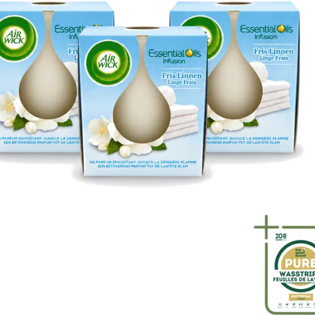 Air Wick 3 x Air Wick – Geurkaars – Fris Linnen met Essentiële Oliën – 105 g - Wasstrips - Geurkaars - Fris Linnen - Essentiële Oliën - Sfeer In Huis - Warme Sfeer Wit