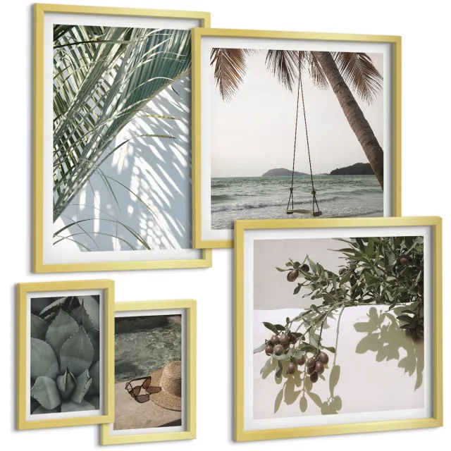 Coloray 5-Delige Schilderij Set - Tropische Inspiratie: Ontspan Tussen Planten En Water. - 50 x 50 cm, 20 x 30 cm En 40 x 60 cm - Decoratieve Muurdecoratie - Slaapkamer - Decoratieve Schilderijen Gouden lijst