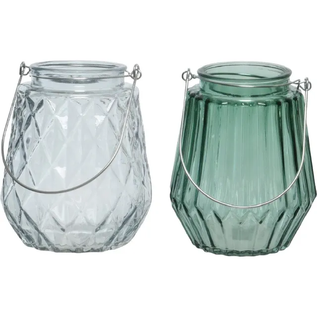 Decoris Set van 2x stuks theelichthouders/waxinelichthouders ruit/streep glas ijsblauw en zeegroen met metalen handvat 11 x 13 cm Multi