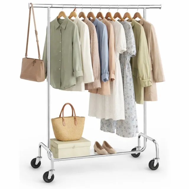 Sierra Heavy-Kledingrek - Kledingrek op Wieltjes - Kledingrek metaal - Kleding rek - Kledingrekken - Garderoberek - Kledingstang - Kledingrek zilver - Uitschuifbare Kledingstang - Verstelbare Hangstang - Stabiel tot 130 kg - Zilver Zwart