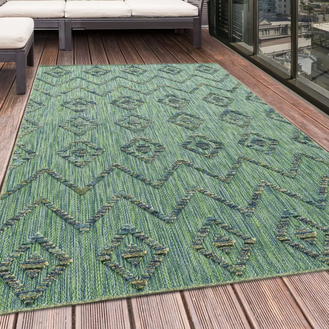Tapijtenmagazijn Buitenkleed, boho-design, groen, geschikt voor terras, balkon of keuken, polypropyleen achterkant, afmeting: 80 x 250 cm