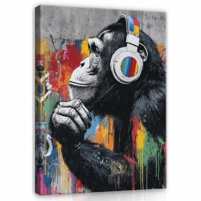 WALLARENA Schilderij op canvas - 100x70 cm - graffiti aap in Banksy stijl - moderne wanddecoratie woonkamer en slaapkamer Veelkleurig