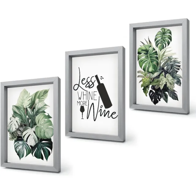 Coloray 4-Delige Schilderij Set - Groene plantenbladeren met het opschrift "wijn". - 20 x 30 cm - Decoratieve Schilderijen - Woonkamer - Interieur Zilveren lijst