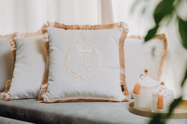 Sandra Mika Embroidered pillow / personalised pillow / monogram pillow / decorative cushion 40x 40 beige velvet letter R