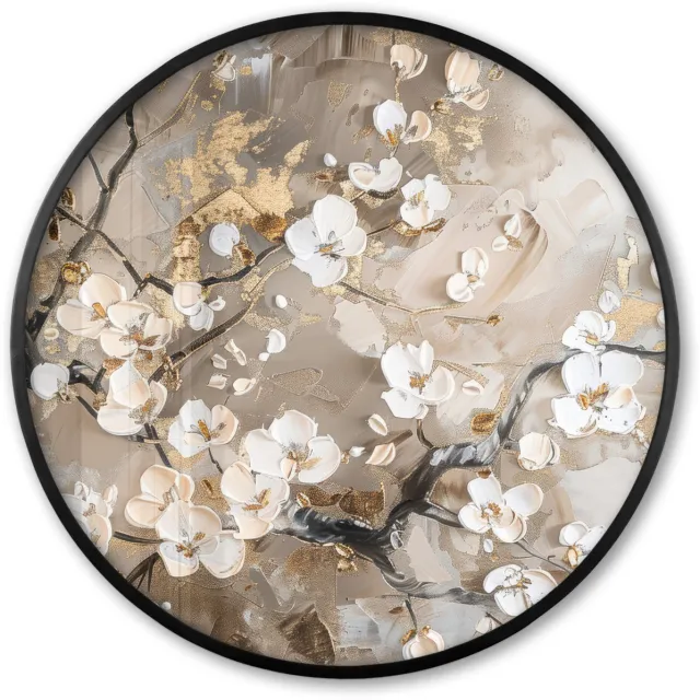 FrameYourWall Poster in lijst Rond - Fotolijst 80x80 cm - Posters - Bloemen - Wit - Goud - Beige - Luxe - Ronde posterlijst zwart - Decoratie - Wanddecoratie woonkamer - Muurdecoratie slaapkamer