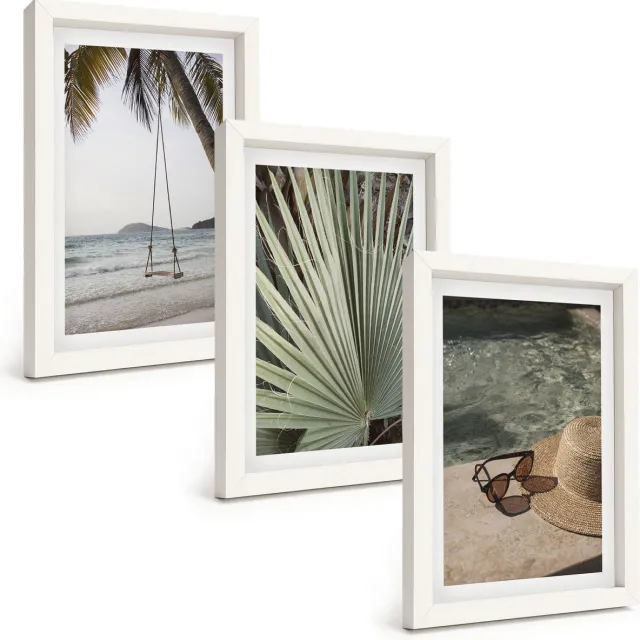 TULUP 3-Delige Schilderij Set - Vakantie aan het strand met palmbladerenschommel - 20x30 - Moderne Wanddecoratie - Slaapkamer - Stijlvolle Muurdecoratie Witte lijst