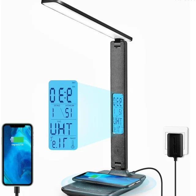 RFWR Dimbare LED bureaulamp met klok en draadloos opladen Mat
