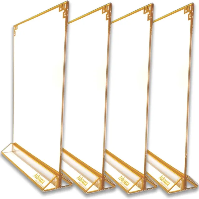 Ashooaza standaard, set van 4 tafelstandaards A4, (21 x 29,7 cm), prijskaartje standaard tafelstandaard acryl T-standaard voor brochures menukaart reclame fotolijst goud