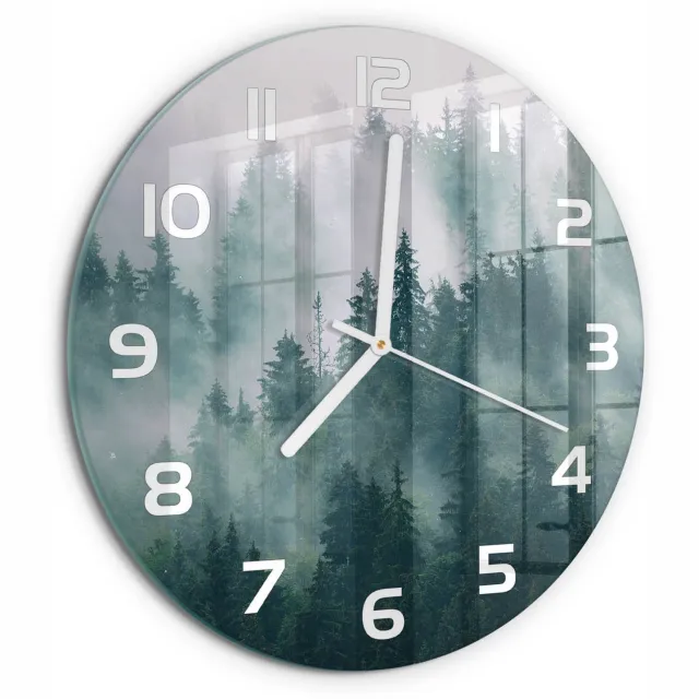 TULUP Wandklok - Mist boven het bos Gekleurde Glazen Klok - fi30 cm - Grijs Glazen Klok Met Print - Witte handen - Ronde Klok - Moderne Wandklok Glas - Wandklok Glas Decoratie